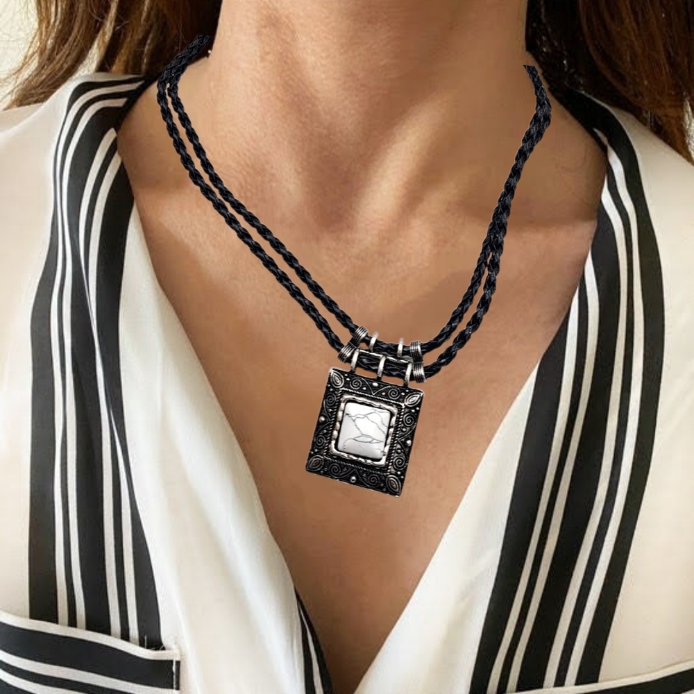 🙋 10/$20. Square Pendant with White Stone on Black Leather Necklace | NWOT